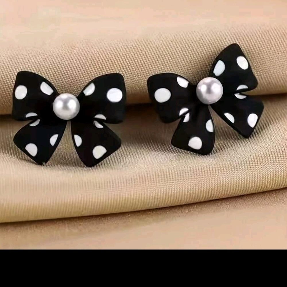 Elegant Black and White Polka Dot Bow Earrings